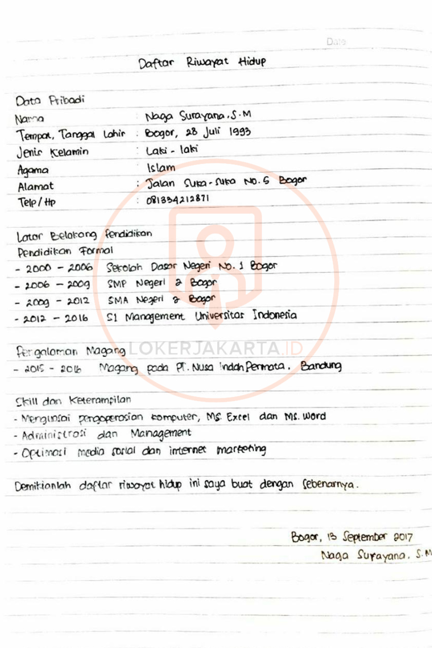 Contoh CV Tulis Tangan Yang Baik dan Benar