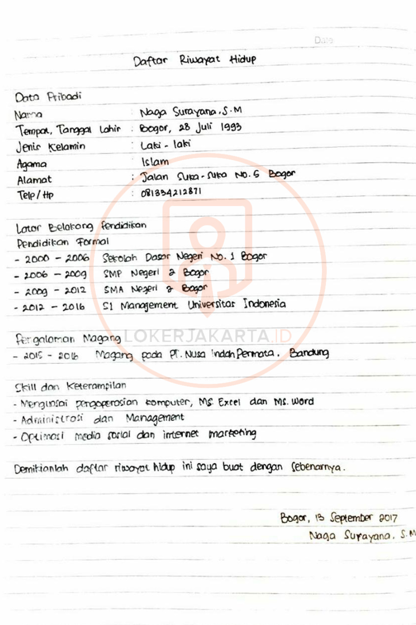 Contoh Curriculum Vitae Tulis Tangan Yang Benar Template For U - Riset