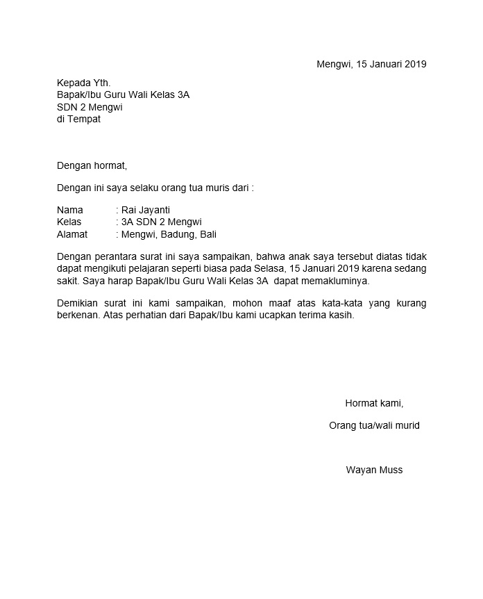 Contoh Surat Izin Orang Tua/Wali Untuk Anak Absen Tidak Hadir Sekolah