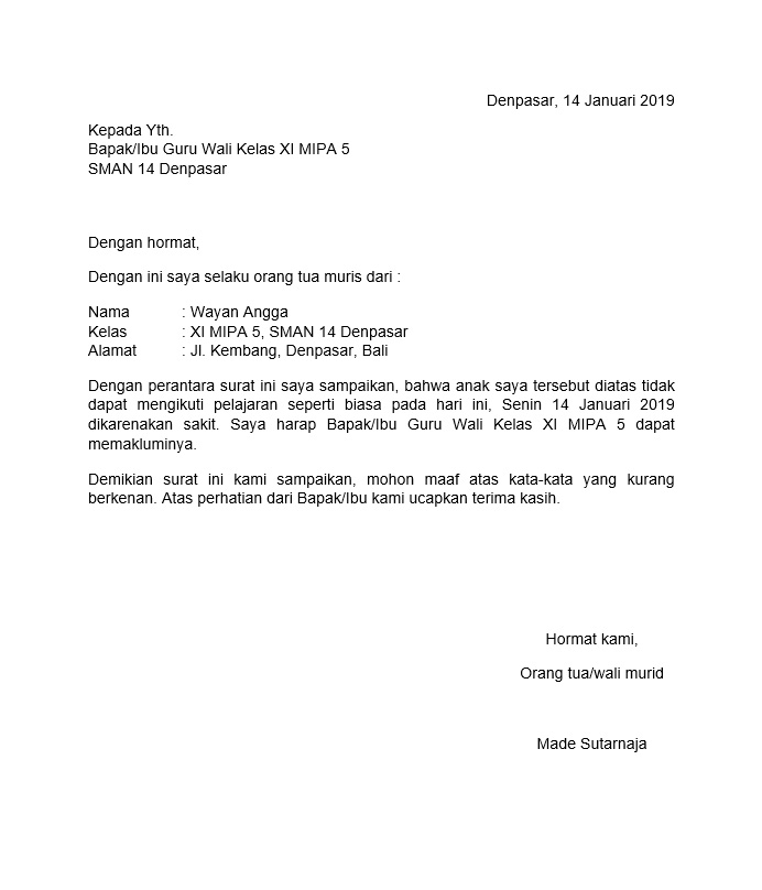 Contoh Surat Izin Orang Tua/Wali Untuk Anak Absen Tidak Hadir Sekolah