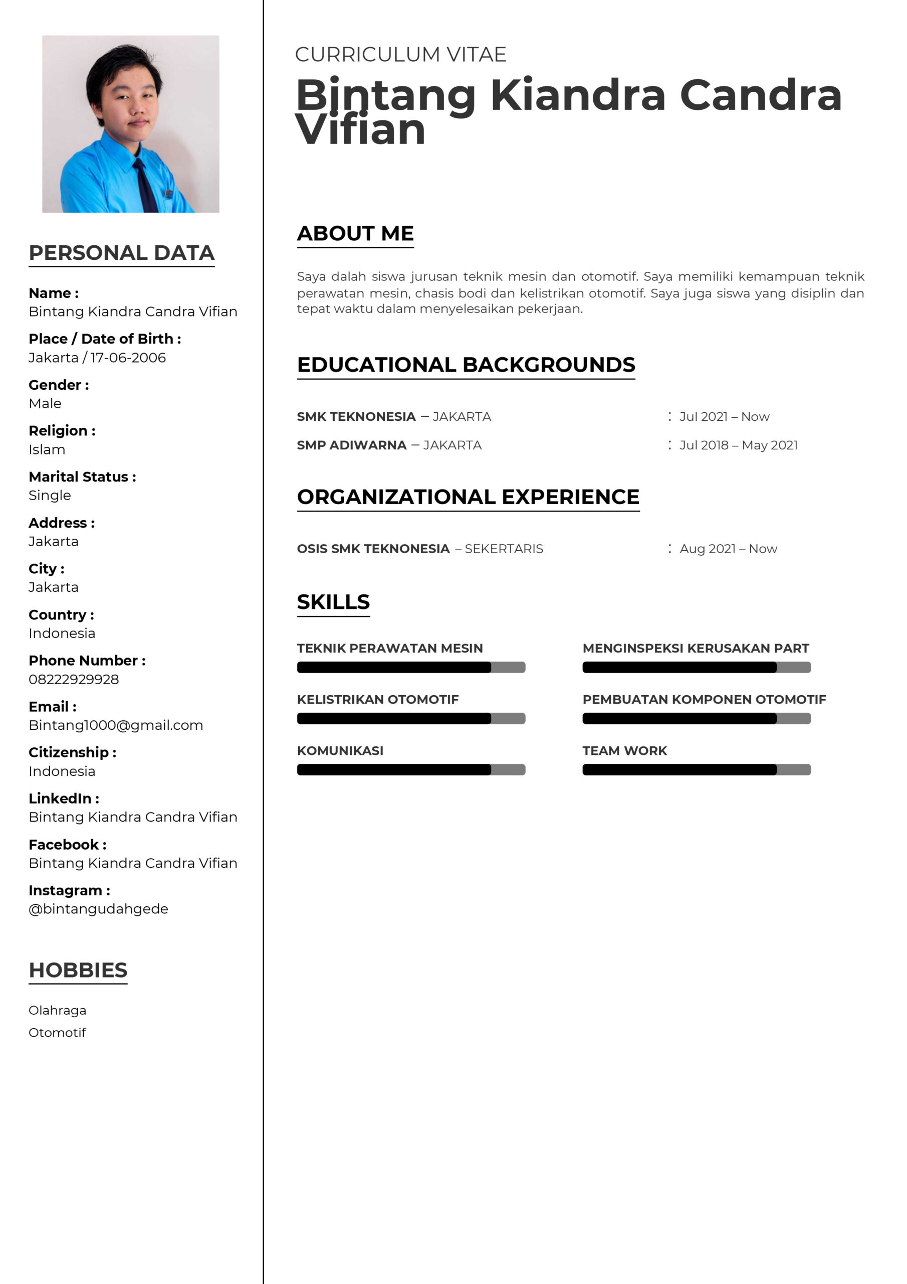 Contoh CV Lamaran Kerja Untuk Magang Siswa SMK